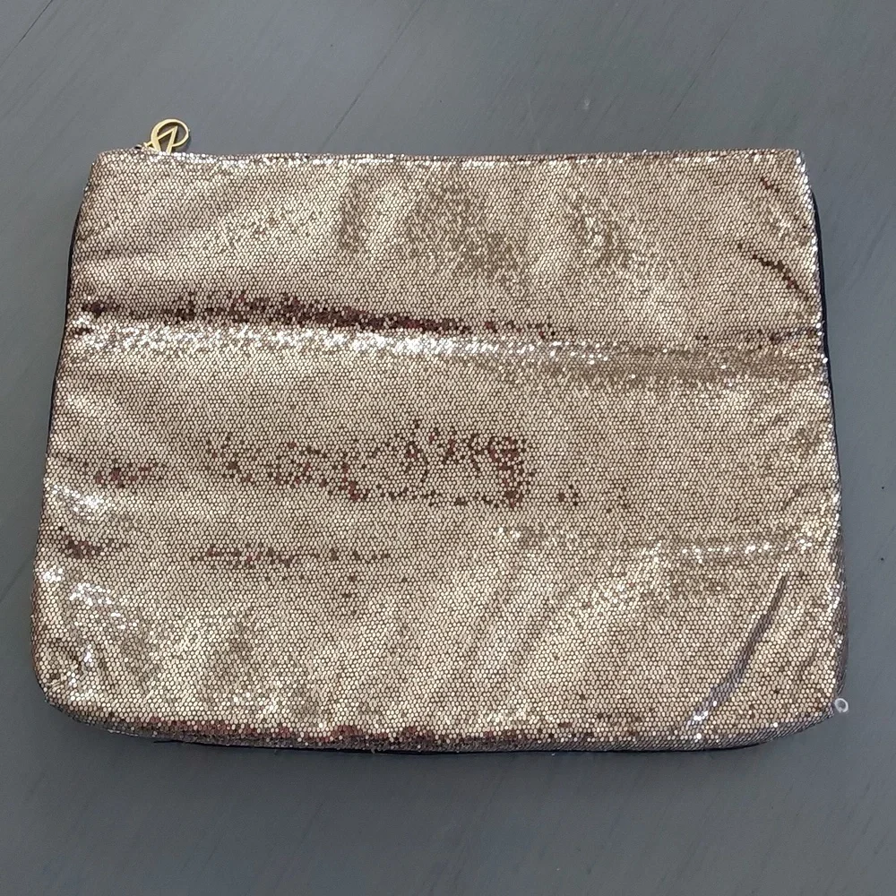 Victoria's Secret Gold Metallic Shimmer Clutch Bag Top Zip Mirror inc. Sz.Large